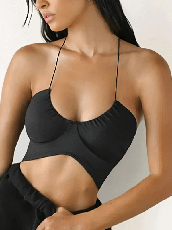 Sexy women's sports bra with open back and deep neckline, perfect for running. Made from breathable polyester and spandex for comfort and support.